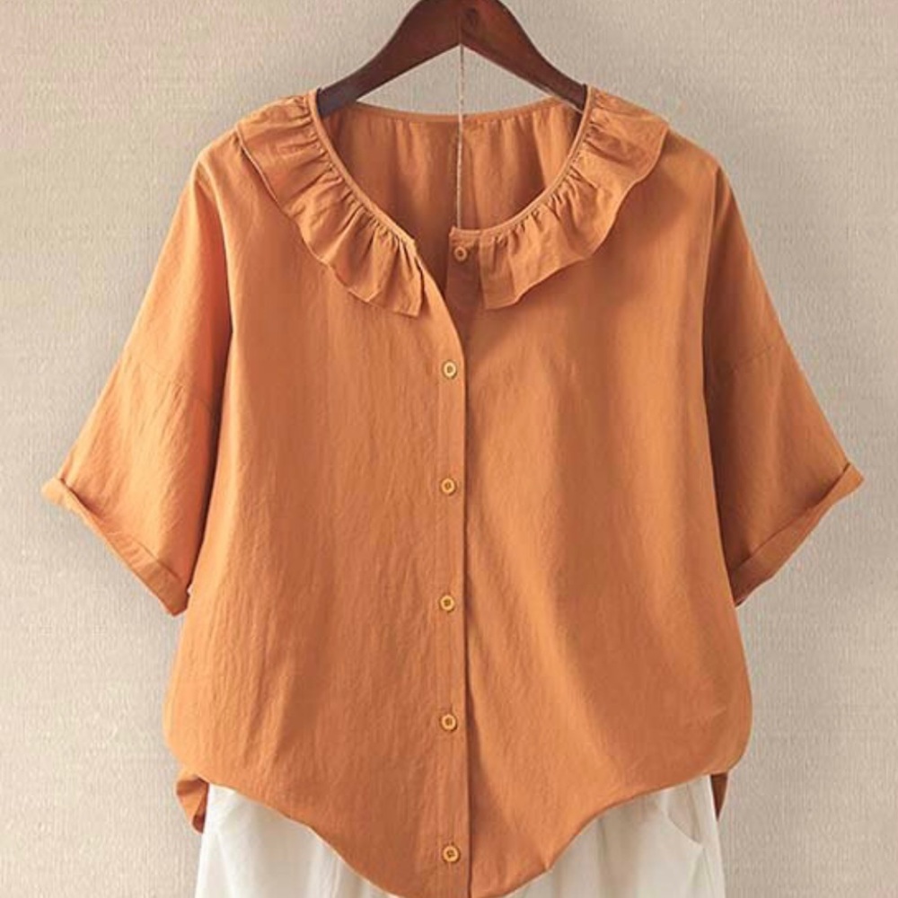 Cellabir Orange Linen Button Up Blouse with Ruffle Collar.